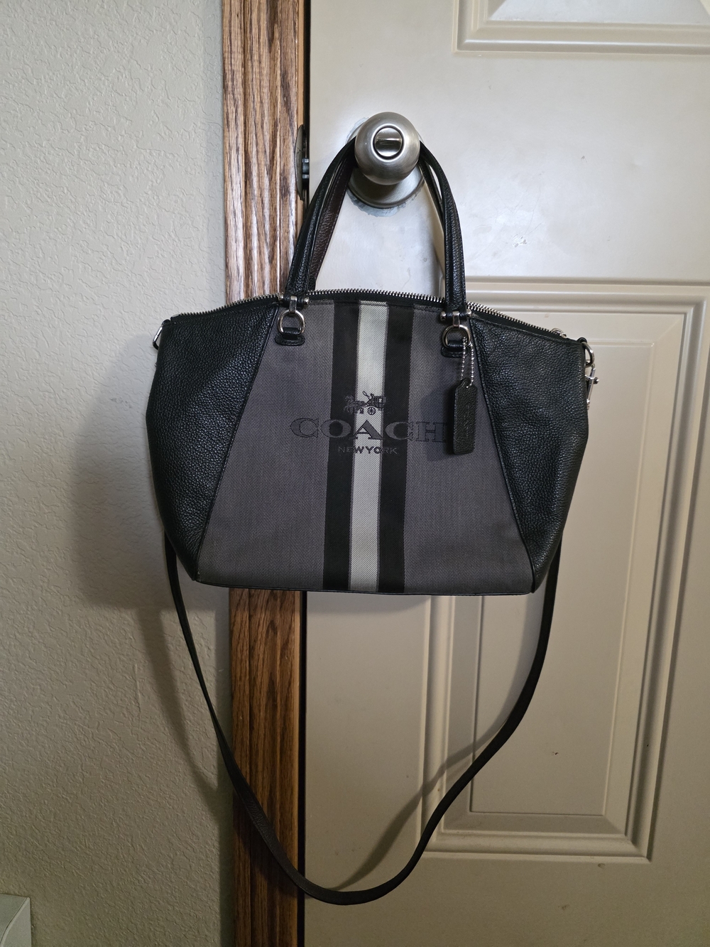 Coach Striped Satchel Bag in Gray and Black With Crossbody Strap